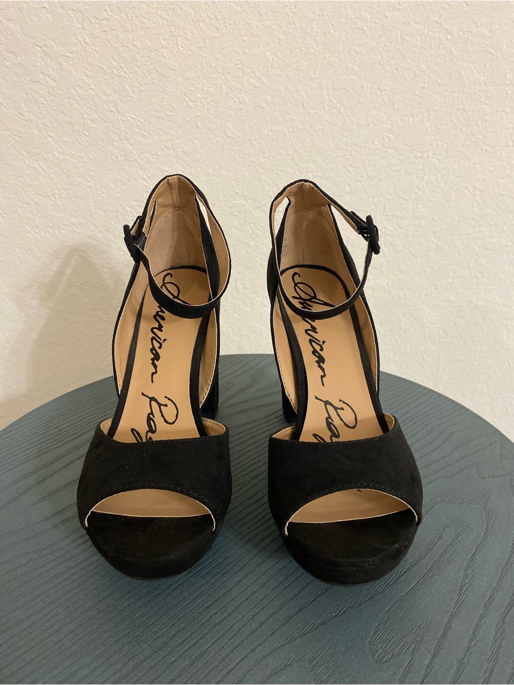 American Rag Black Suede Peep-Toe Ankle Strap Platform Heels